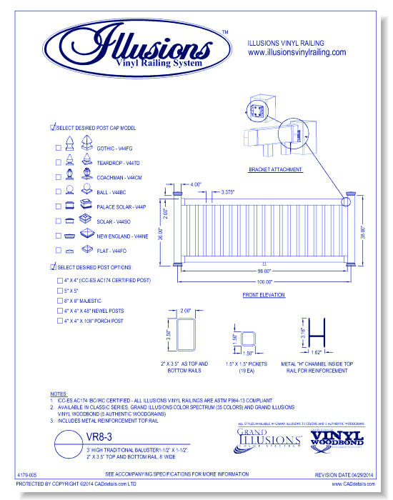 VR8-3: 3’ High Traditional Baluster1-1/2” X 1-1/2”, 2” X 3.5” Top And Bottom Rail, 8’ Wide