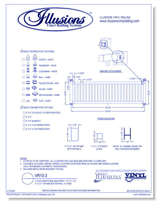 VR10-3: 3’ High Traditional Baluster 1-1/2” X 1-1/2”, 2” X 3.5” Top And Bottom Rail, 10’ Wide