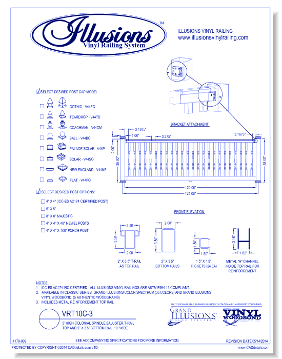VRT10C-3: 3’ High Colonial Spindle Baluster,T-Railtop And 2” X 3.5” Bottom Rail, 10’ Wide
