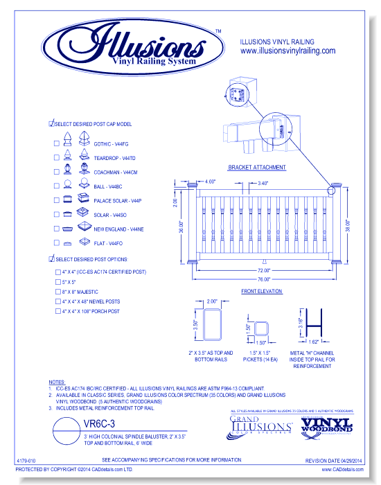 VR6C-3: 3’ High Colonial Spindle Baluster, 2” X 3.5” Top And Bottom Rail, 6’ Wide