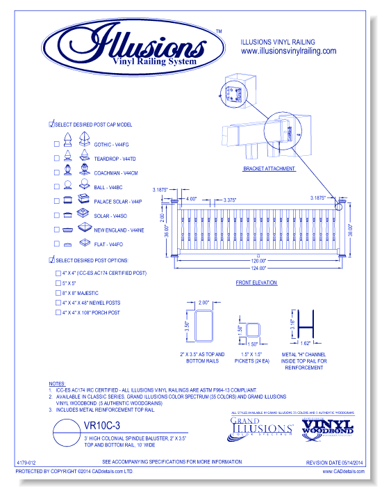 VR10C-3: 3’ High Colonial Spindle Baluster, 2” X 3.5” Top And Bottom Rail, 10’ Wide
