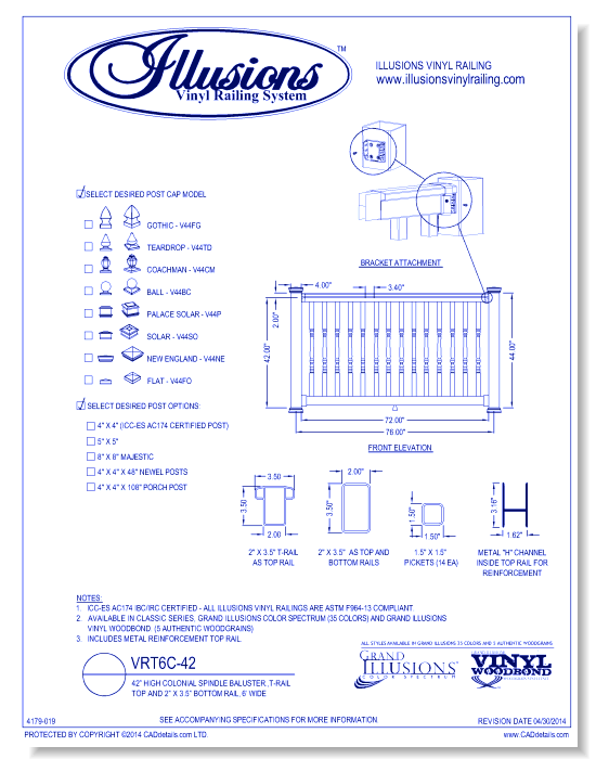 VRT6C-42: 42” High Colonial Spindle Baluster.,T-Rail Top And 2” X 3.5” Bottom Rail, 6’ Wide