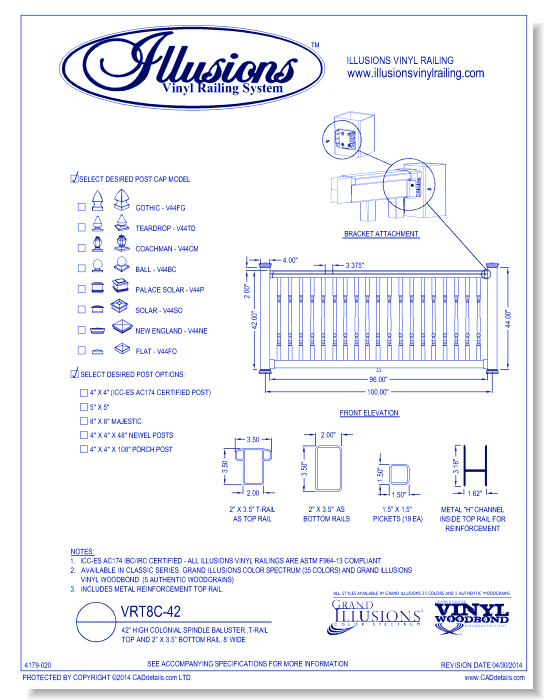 VRT8C-42: 42” High Colonial Spindle Baluster.,T-Rail Top And 2” X 3.5” Bottom Rail, 8’ Wide