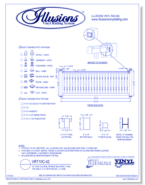 VRT10C-42: 42” High Colonial Spindle Baluster.,T-Rail Top And 2” X 3.5” Bottom Rail, 10’ Wide