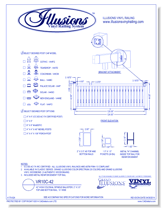 VR10C-42: 42” High Colonial Spindle Baluster, 2” X 3.5” Top And Bottom Rail, 10’ Wide