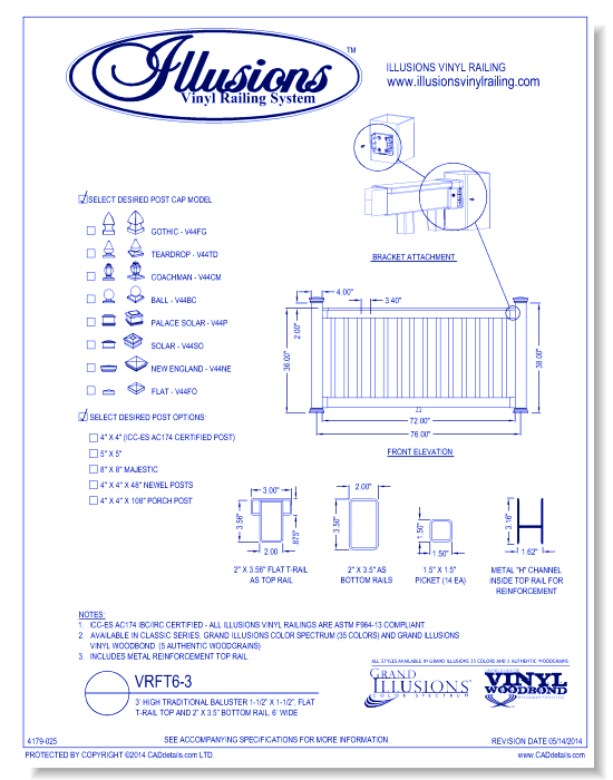VRFT6-3: 3’ High Traditional Baluster 1-1/2” X 1-1/2”, Flat T-Rail Top And 2” X 3.5” Bottom Rail, 6’ Wide