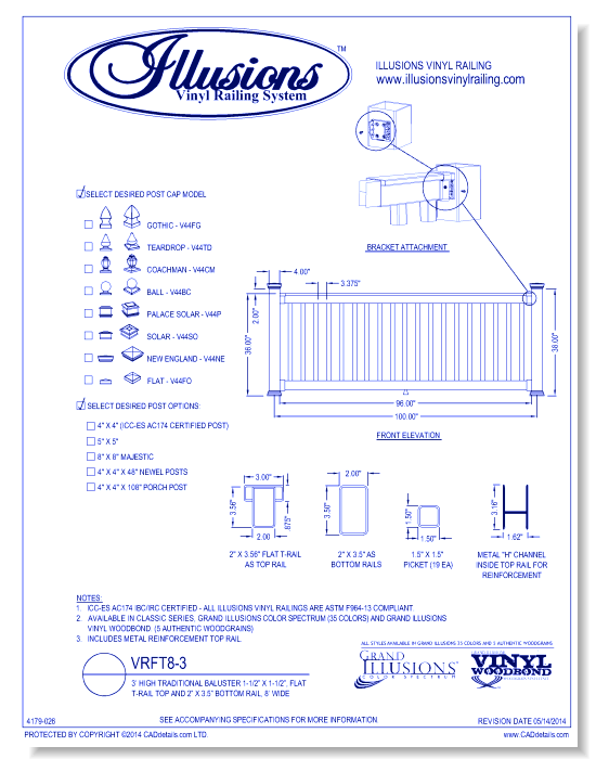 VRFT8-3: 3’ High Traditional Baluster 1-1/2” X 1-1/2”, Flat T-Rail Top And 2” X 3.5” Bottom Rail, 8’ Wide