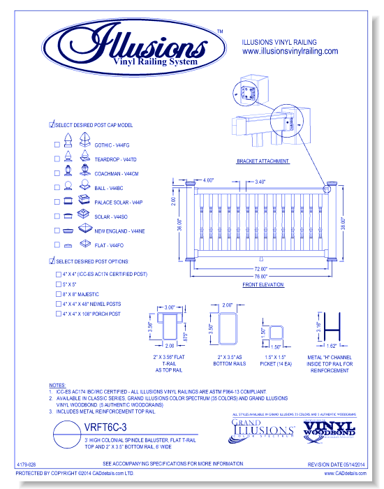 VRFT6C-3: 3’ High Colonial Spindle Baluster, Flat T-Rail Top And 2” X 3.5” Bottom Rail, 6’ Wide