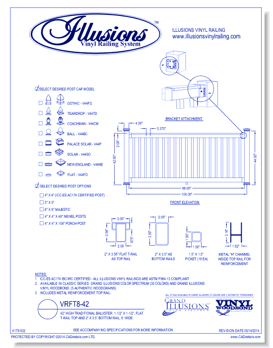 VRFT8-42: 42” High Traditional Baluster. 1-1/2” X 1-1/2”, Flat  T-Rail Top And 2” X 3.5” Bottom Rail, 8’ Wide