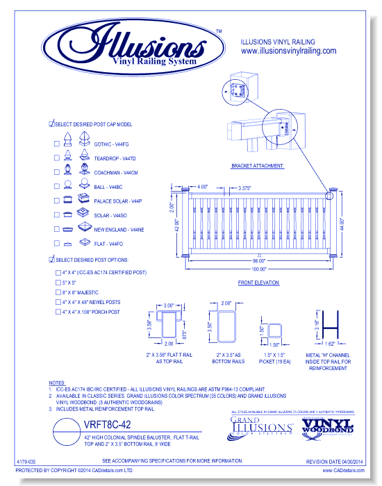 VRFT8C-42: 42” High Colonial Spindle Baluster., Flat T-Rail Top And 2” X 3.5” Bottom Rail, 8’ Wide