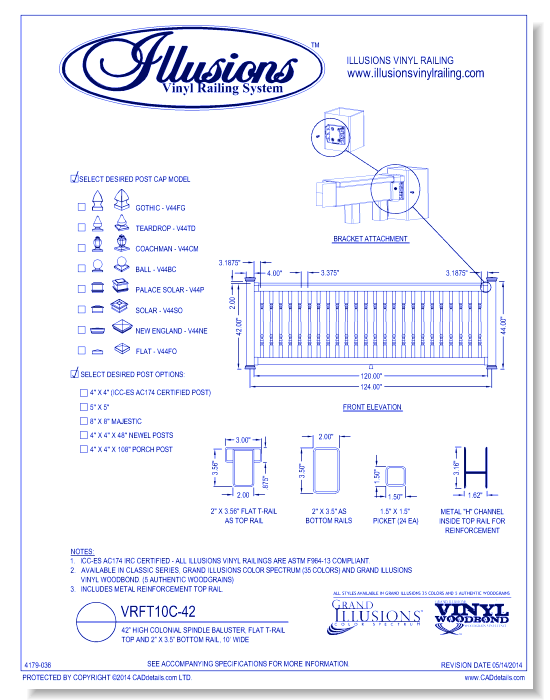 VRFT10C-42: 42” High Colonial Spindle Baluster, Flat T-Rail Top And 2” X 3.5” Bottom Rail, 10’ Wide