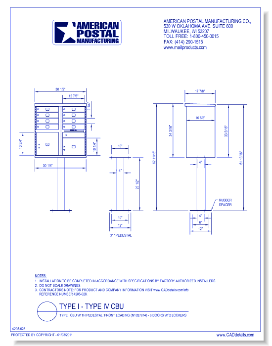 Type I CBU, no Pedestal:  Front Loading (N1027874) - 8 Doors w/ 2 Lockers