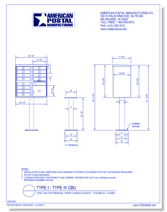 Type II CBU, no Pedestal: Front Loading (N1027875) - 12 Doors w/ 1 Locker