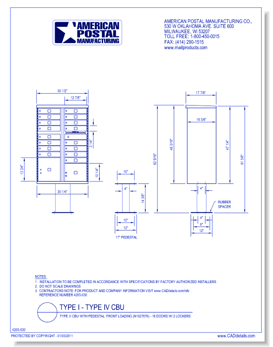 Type III CBU, no Pedestal: Front Loading (N1027876) - 16 Doors w/ 2 Lockers