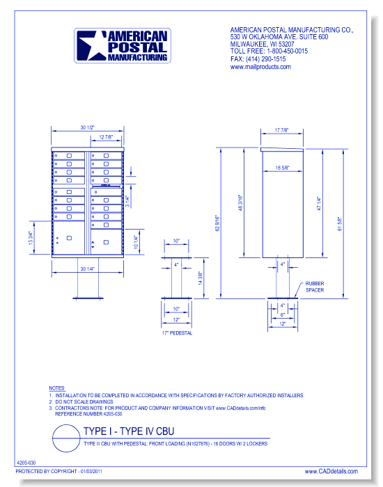 Type III CBU, no Pedestal:  Front Loading (N1027876) - 16 Doors w/ 2 Lockers