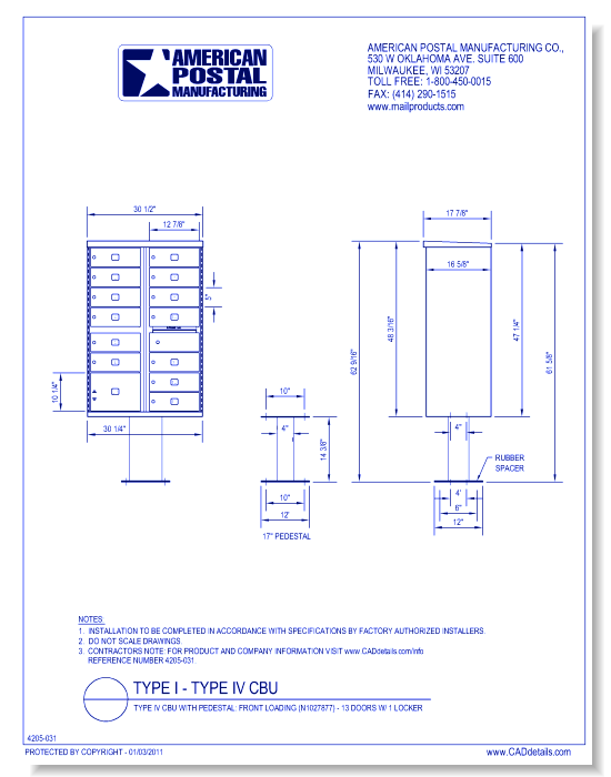 Type IV CBU, no Pedestal: Front Loading (N1027877) - 13 Doors w/ 1 Locker