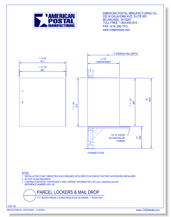P.O. Boxes Parcel Locker Rear Door (N1006498) - 1 Door Unit