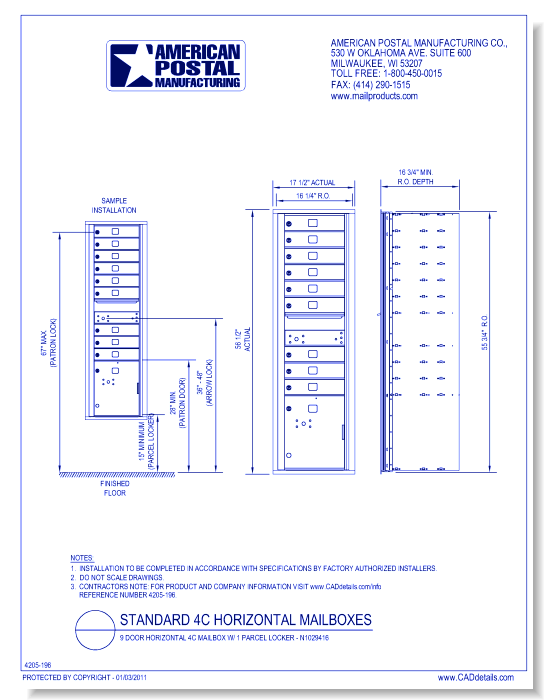 9 Door Horizontal 4C Mailbox w/ 1 Parcel Locker – N1029416