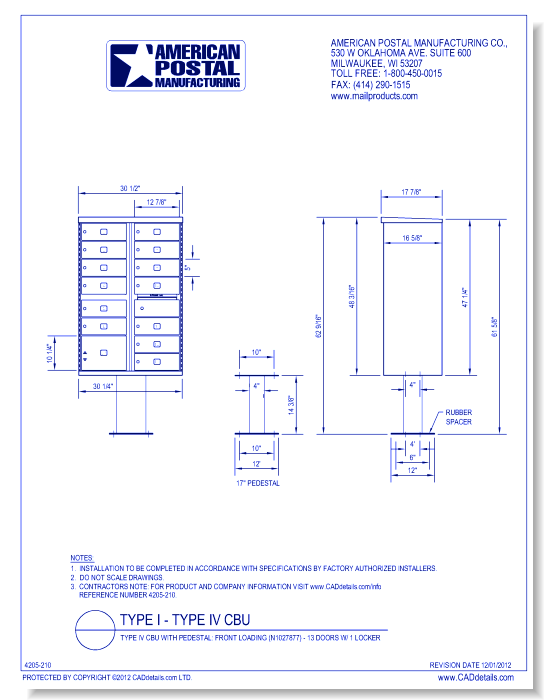 Type IV CBU with Pedestal: Front Loading (N1029597) - 13 Doors w/ 1 Locker