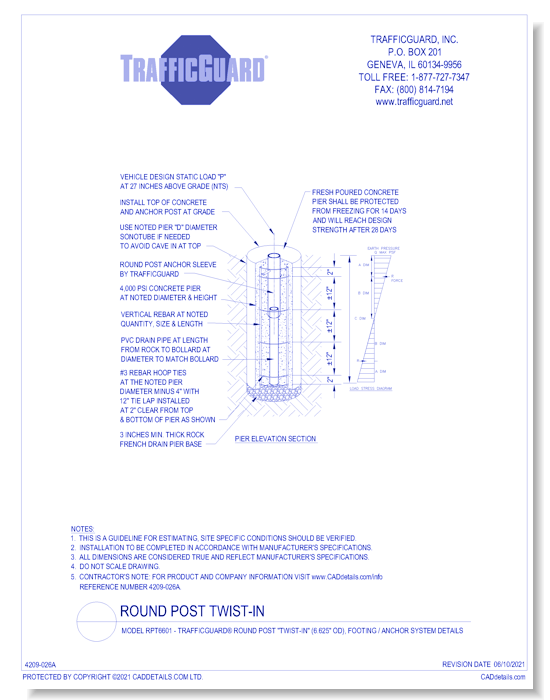 Model RPT6601: TrafficGuard® Round Post "Twist-In", Footing / Anchor System Details
