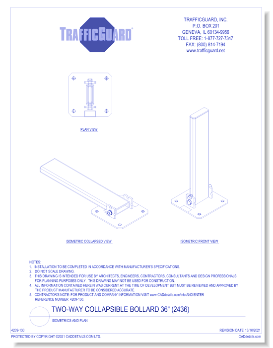 Two-Way Collapsible Bollard 36" (2436): Isometrics & Plan