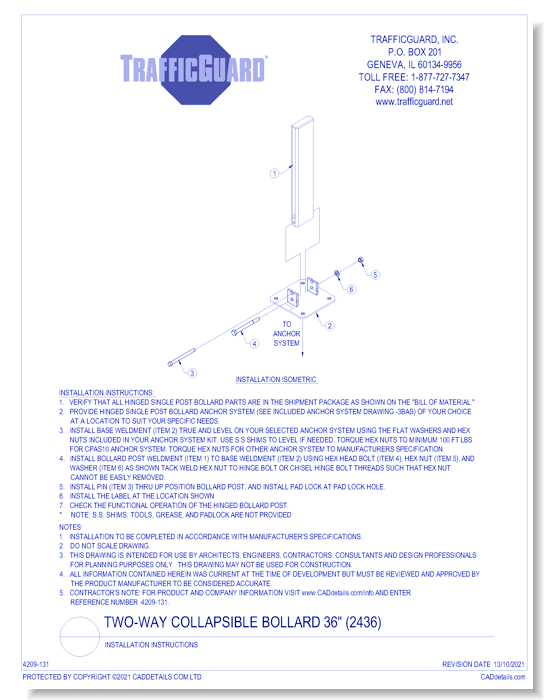 Two-Way Collapsible Bollard 36" (2436): Installation Instructions