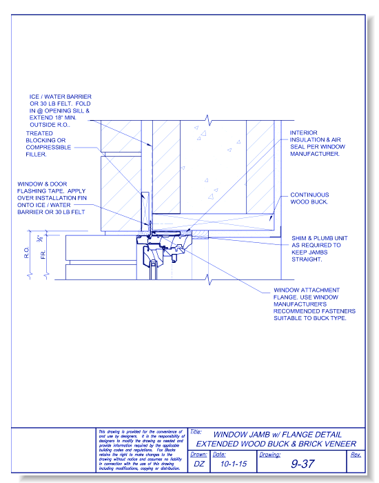 Window Jamb with Flange Extended Wood Buck and Brick Veneer