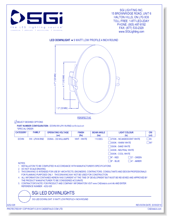 SGi LED Downlight: 9 Watt Low Profile 4 Inch Round