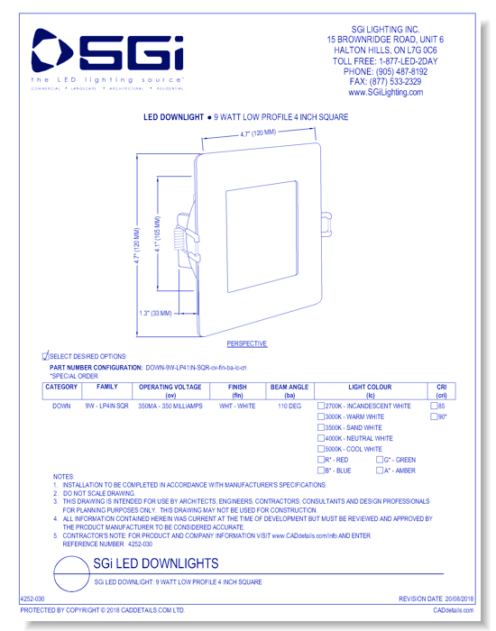 SGi LED Downlight: 9 Watt Low Profile 4 Inch Square