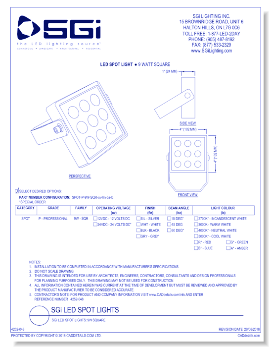 SGi LED Spot Lights: 9W Square
