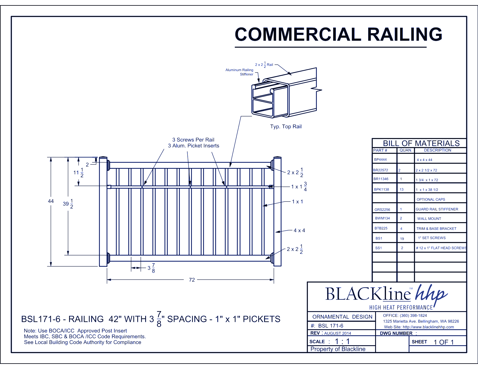BSL171-6: Railing 42" with 3 7/8" Spacing - 1" x 1" Pickets