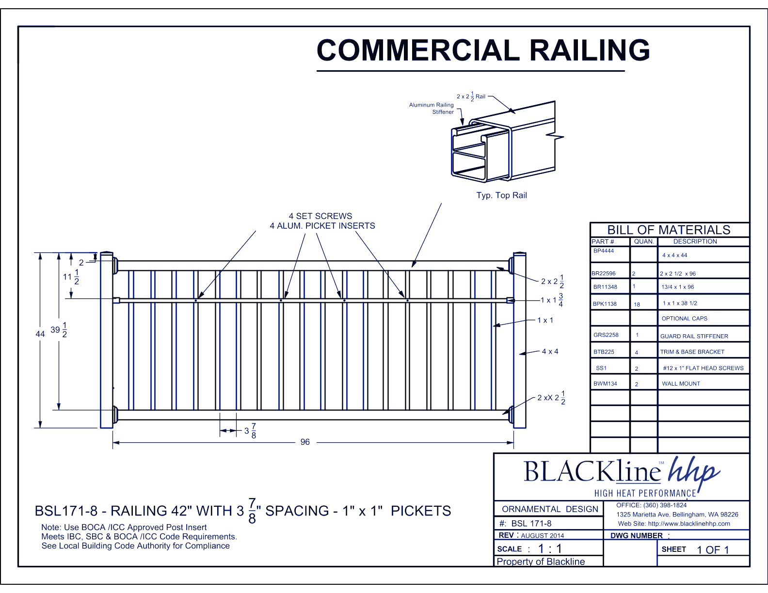 BSL171-8: Railing 42" with 3 7/8" Spacing - 1" x 1" Pickets