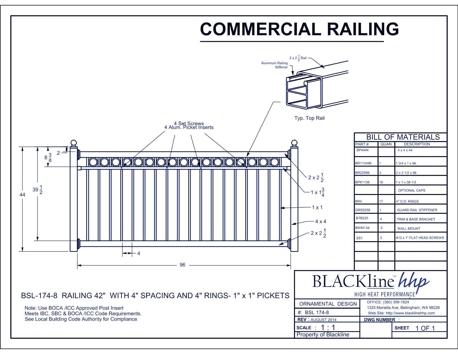 BSL-174-8: Railing 42" with 4" Spacing and 4” Rings - 1" x 1" Pickets