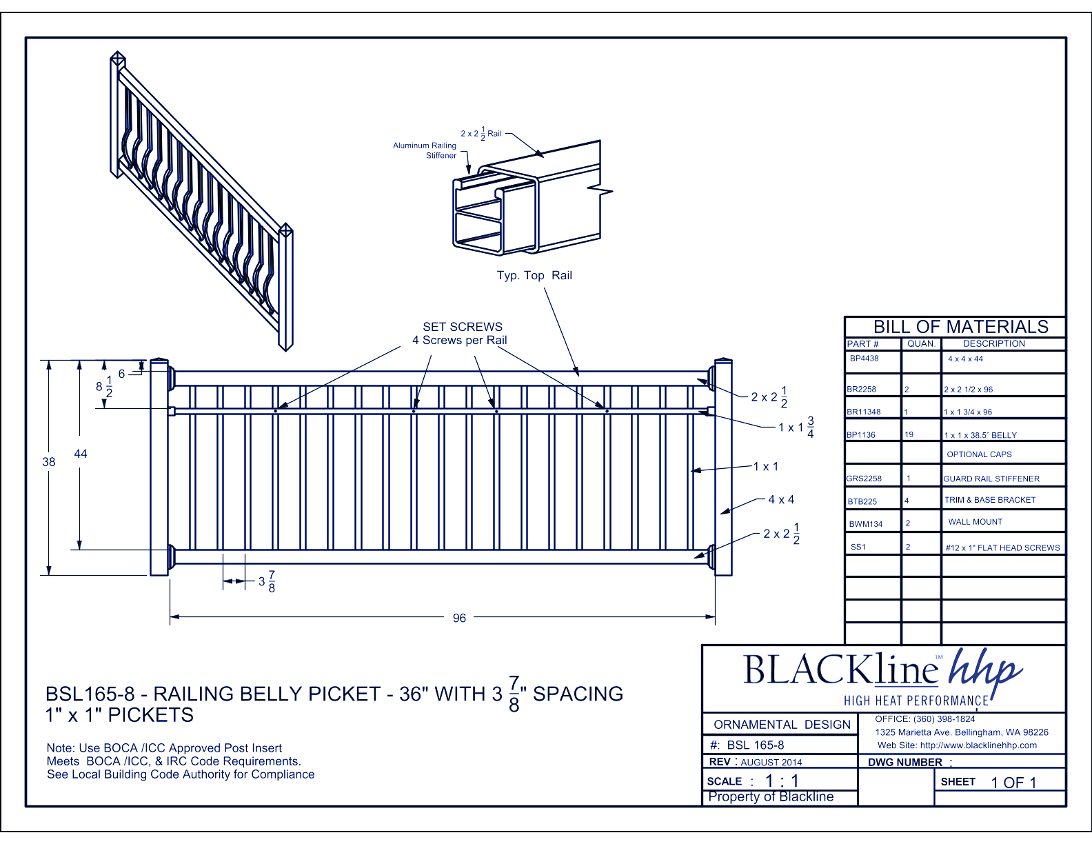BSL165-8: Railing Belly Picket 36" with 3 7/8" Spacing - 1" x 1" Pickets