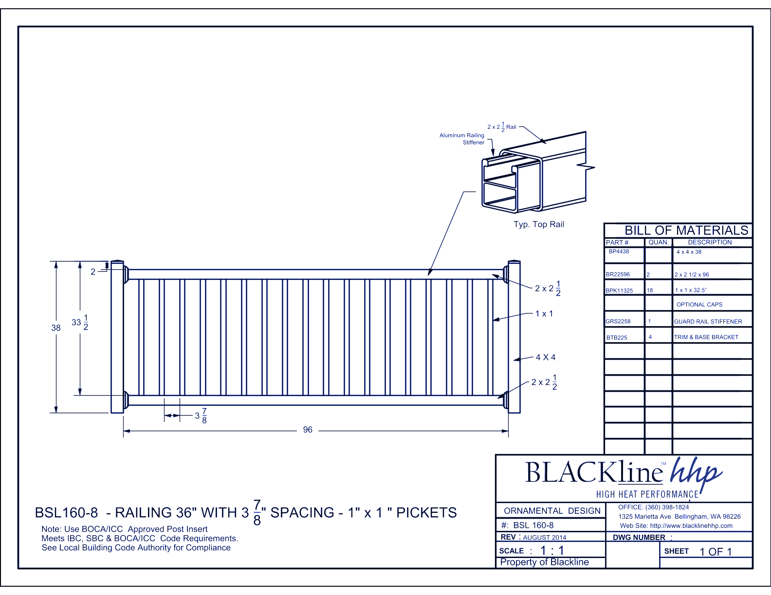 BSL160-8: Railing 36" with 3 7/8" Spacing - 1" x 1" Pickets