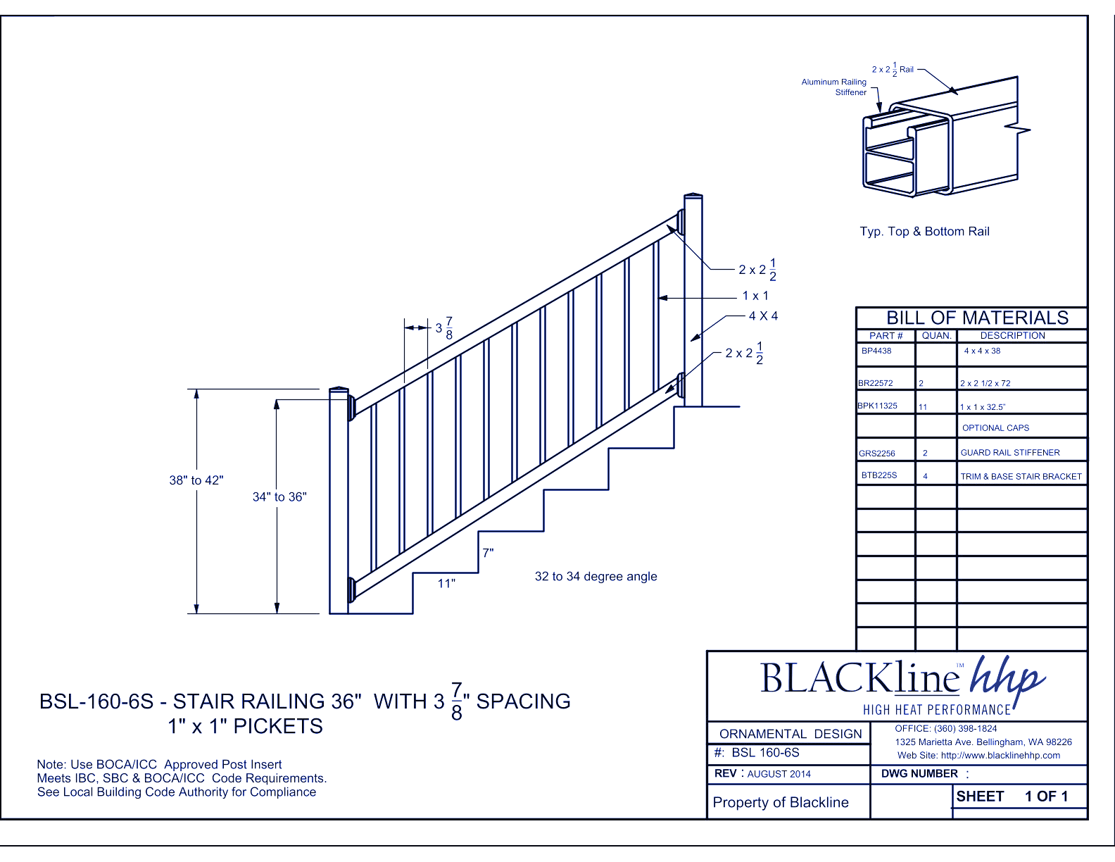 BSL-160-6S: Stair Railing 36" with 3 7/8" Spacing - 1" x 1" Pickets