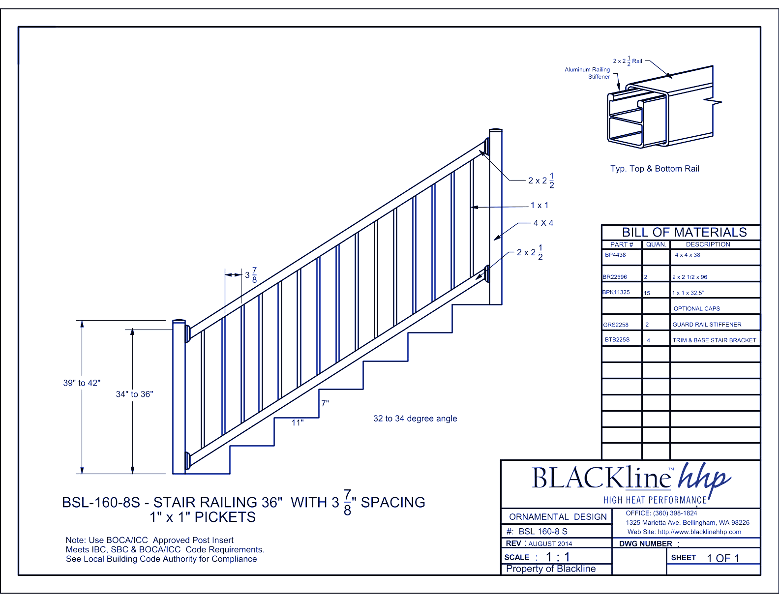 BSL161-6: Railing 36" with 3 7/8" Spacing - 1" x 1" Pickets