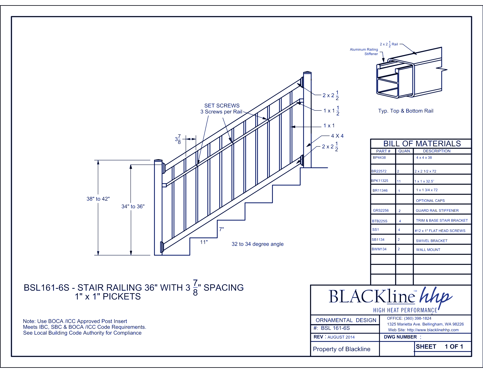BSL161-6S: Stair Railing 36" with 3 7/8" Spacing - 1" x 1" Pickets