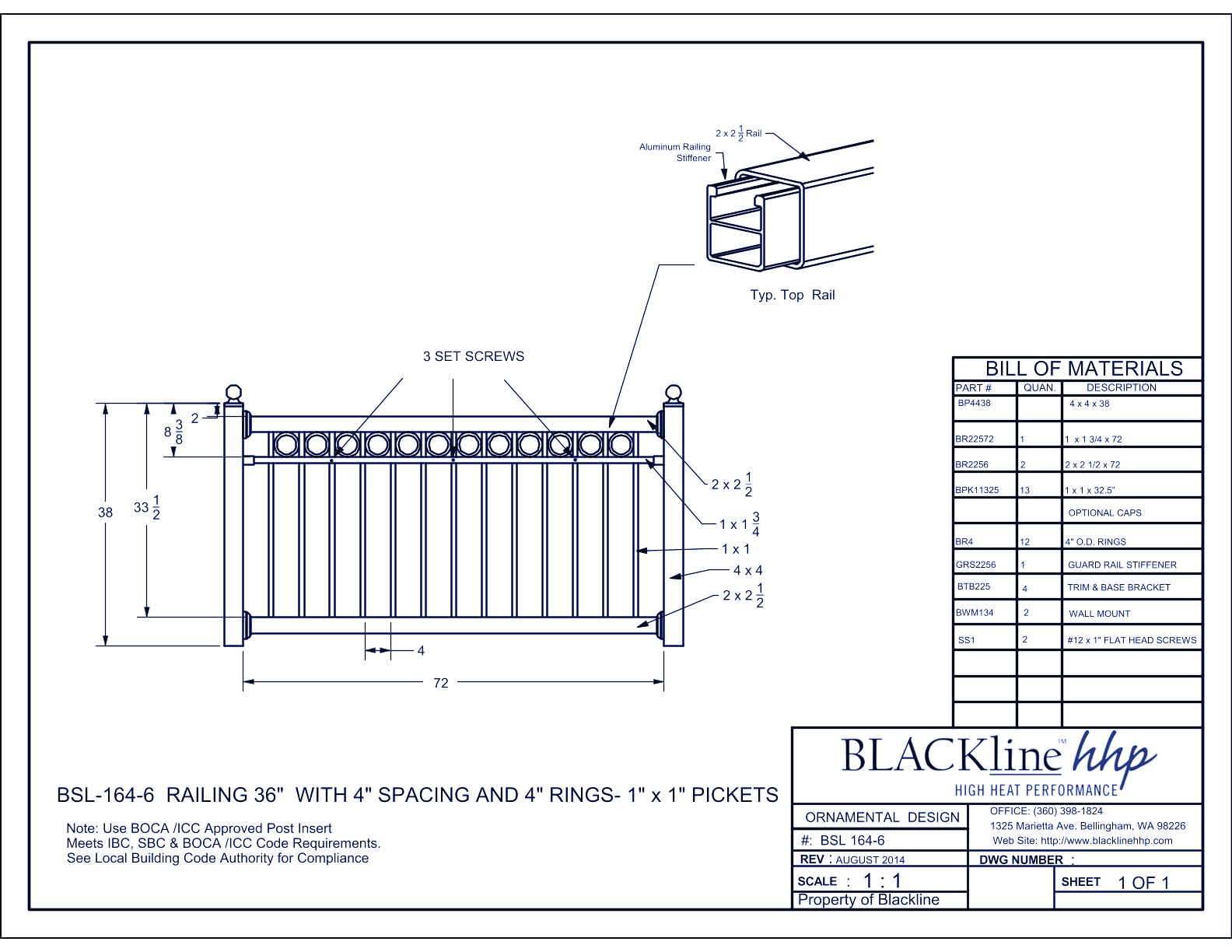 BSL-164-6: Railing 36" with 4" Spacing and 4" Rings - 1" x 1" Pickets