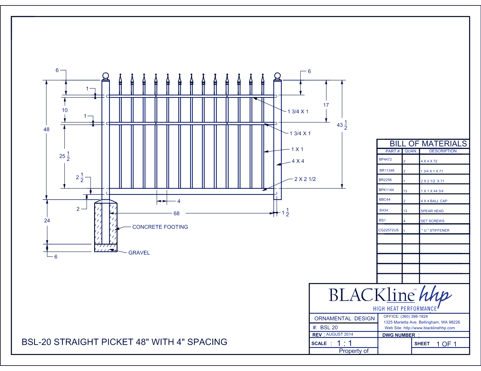 BSL-20: Straight Picket 48" with 4" Spacing