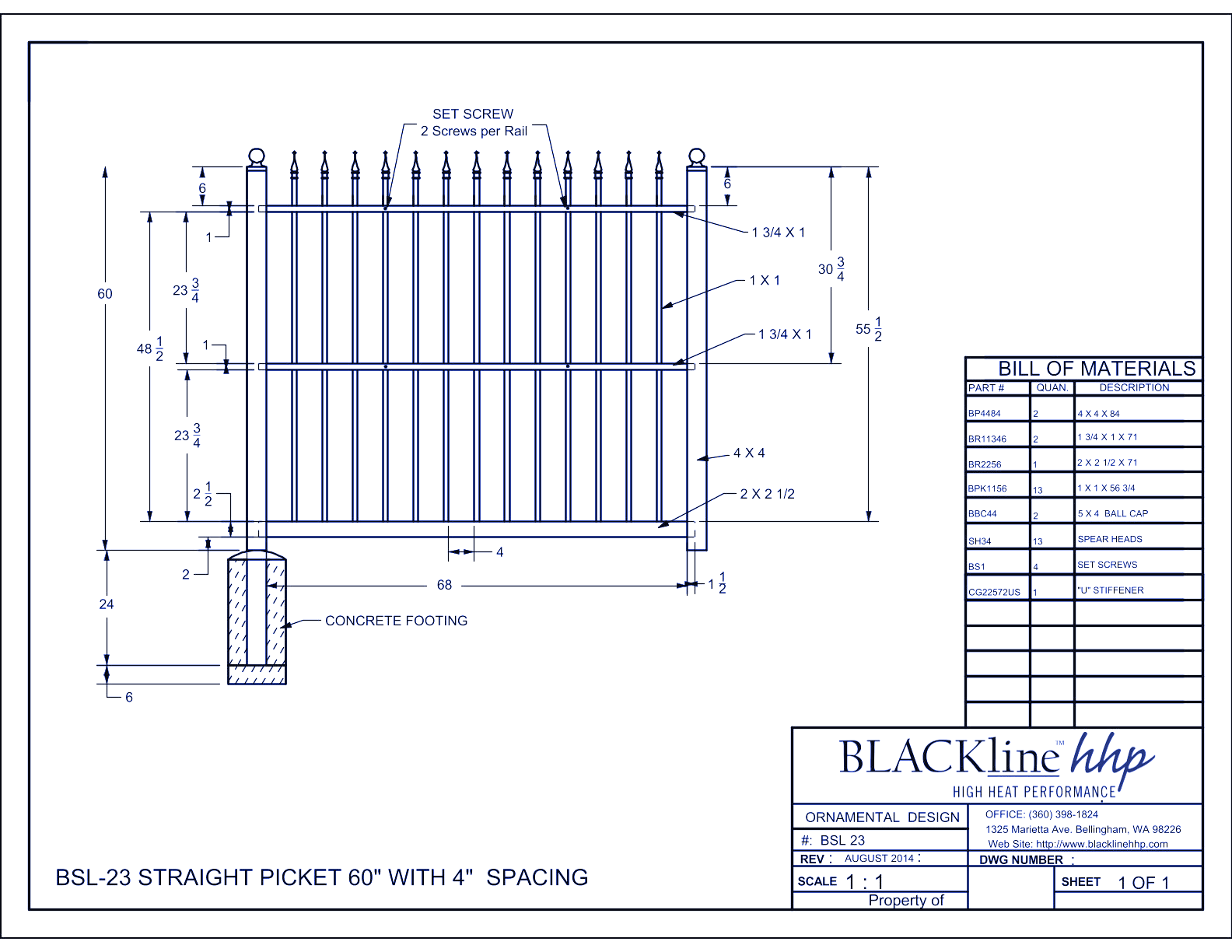 BSL-23: Straight Picket 60" with 4" Spacing