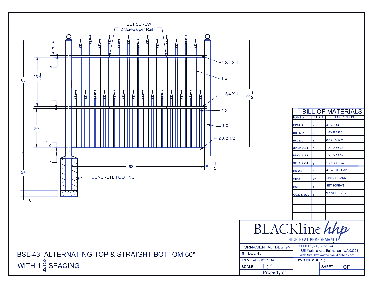 BSL-43: Alternating Top & Straight Bottom 60" with 1 3/4” Spacing