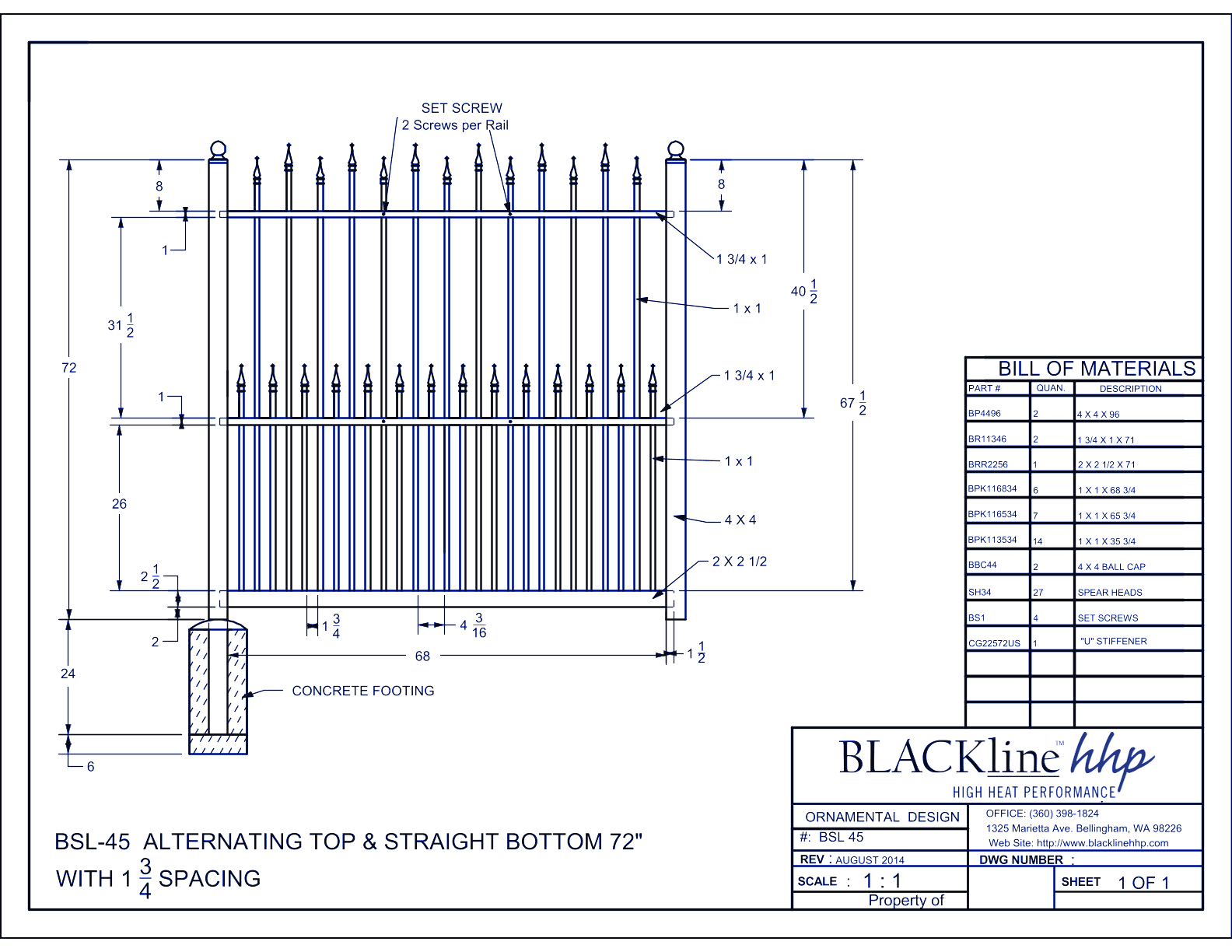 BSL-45: Alternating Top & Straight Bottom 72" with 1 3/4” Spacing