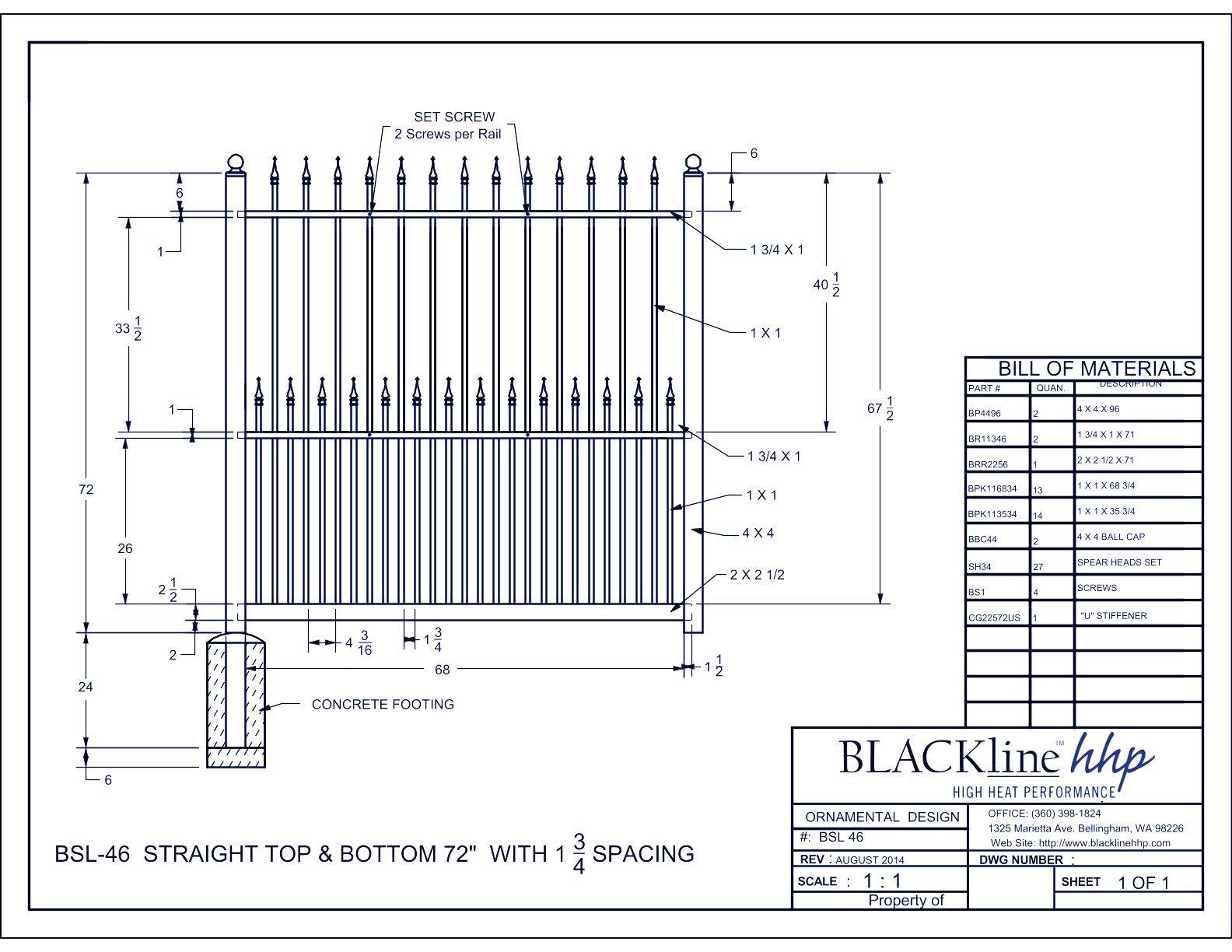 BSL-46: Straight Top & Bottom 72" with 1 3/4” Spacing