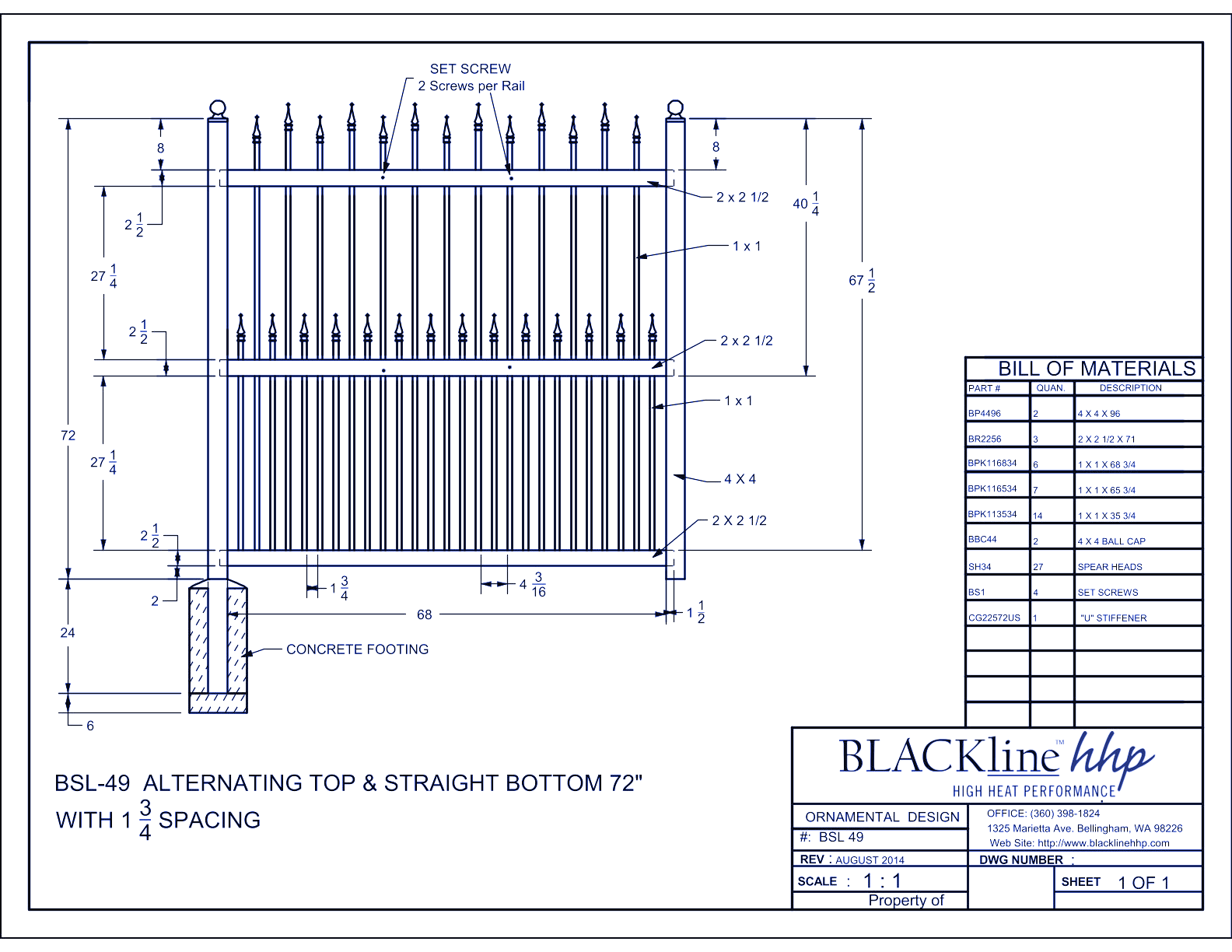 BSL-49: Alternating Top & Straight Bottom 72" with 1 3/4" Spacing