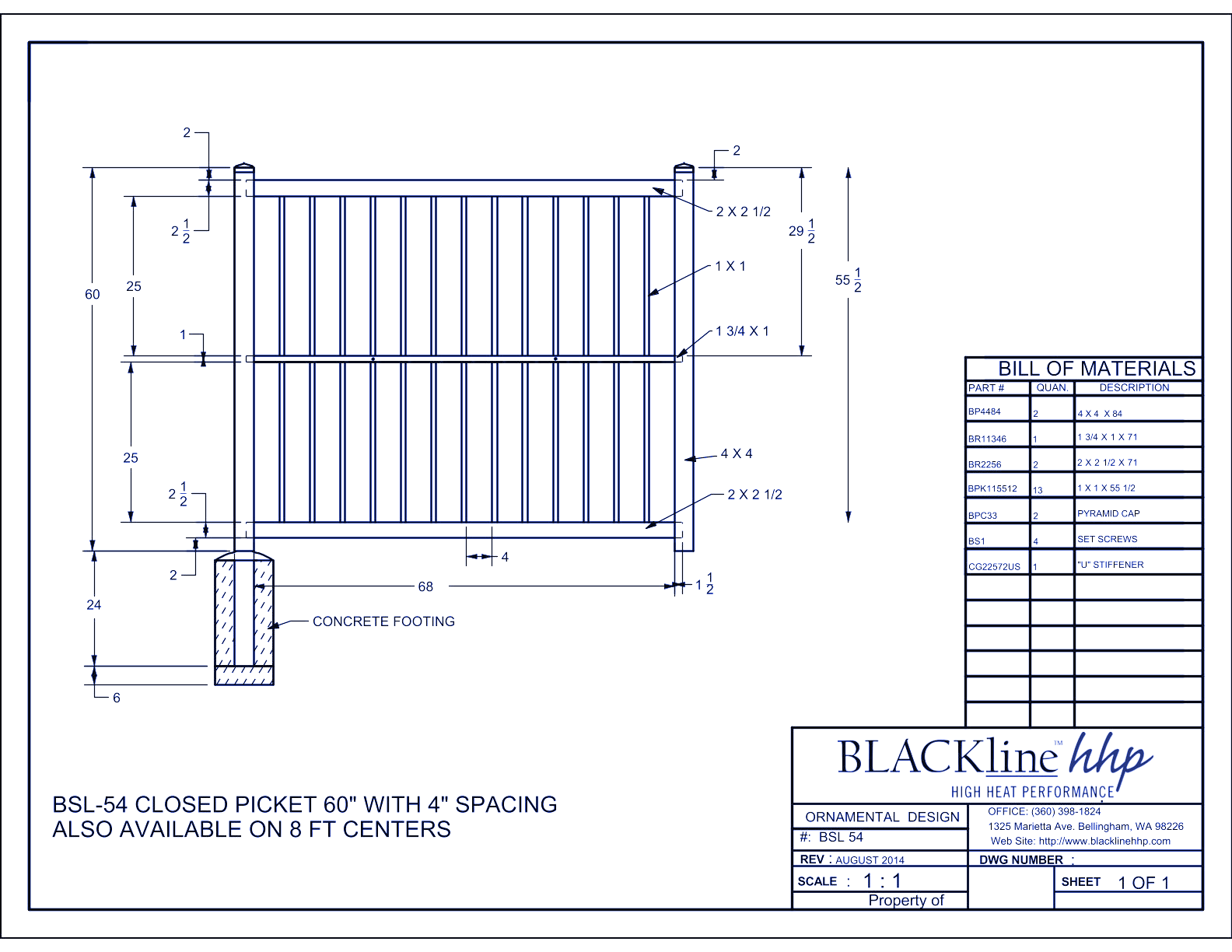 BSL-54: Closed Picket 60" with 4" Spacing - Also Available on 8 Ft. Centers