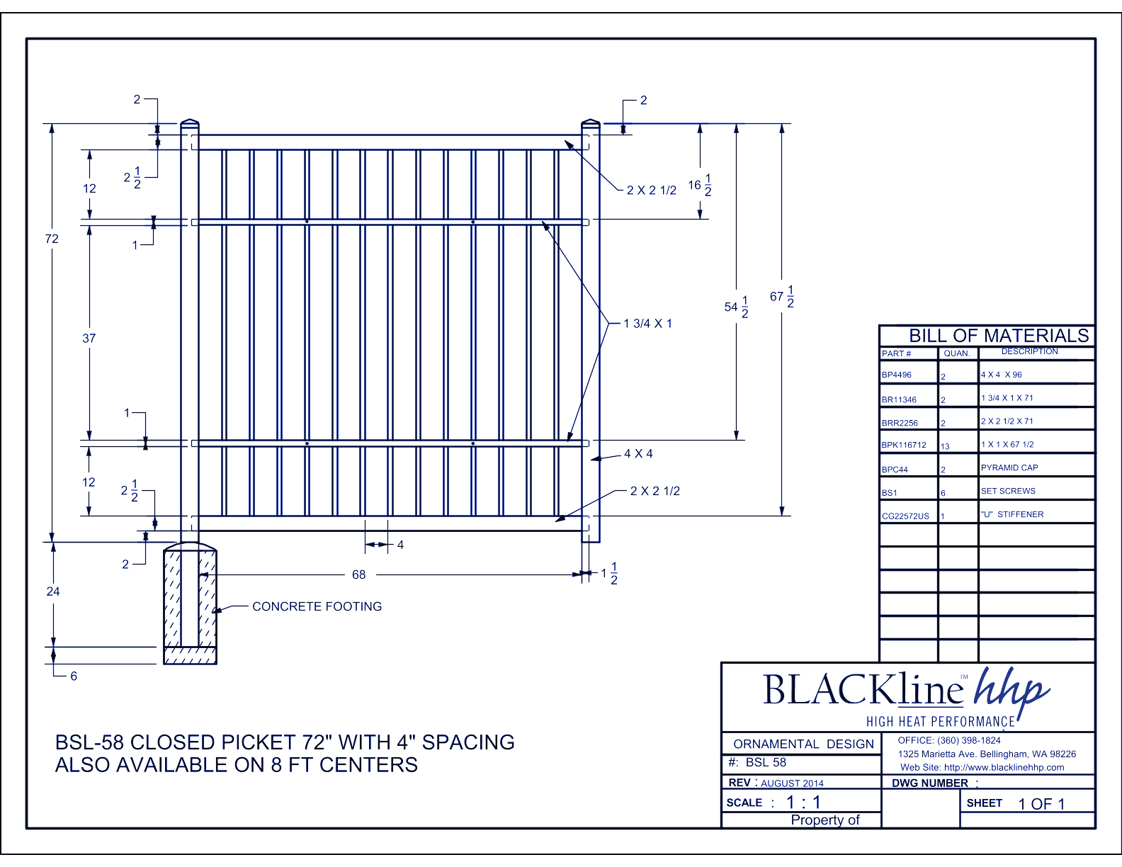 BSL-58: Closed Picket 72" with 4" Spacing - Also Available on 8 Ft. Centers