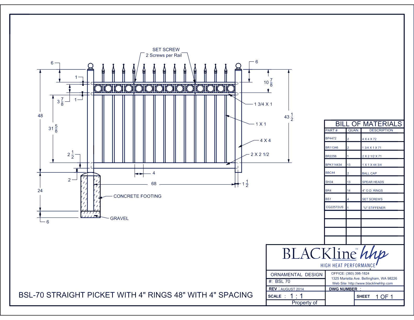 BSL-70: Straight Picket with 4" Rings 48" with 4" Spacing