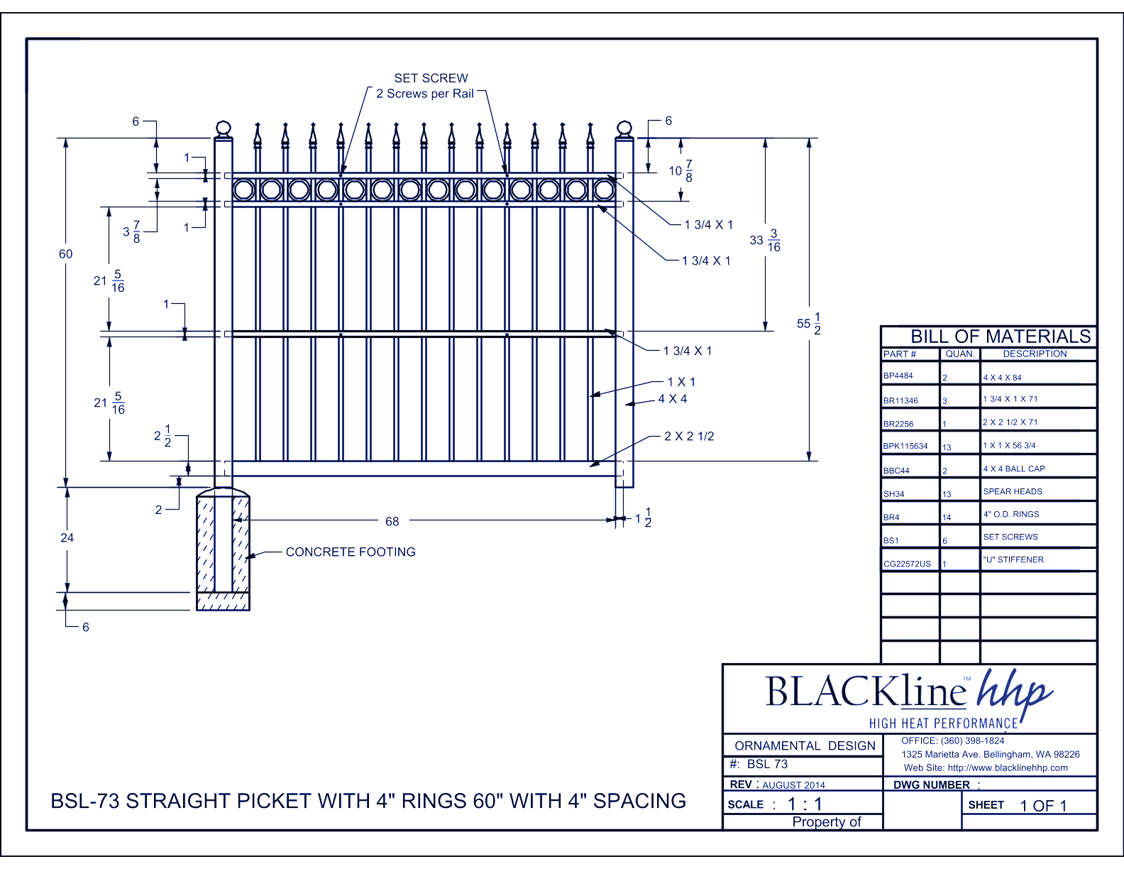 BSL-73: Straight Picket with 4" Rings 60" with 4" Spacing
