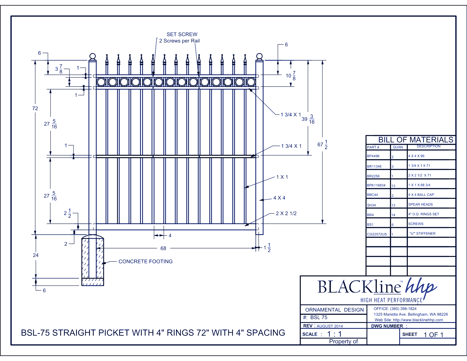 BSL-75: Straight Picket with 4" Rings 72" with 4" Spacing